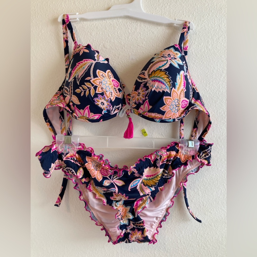 Shade & Shore Navy Pink Floral Bikini Top Size 34D Ruffle Tassel Swim - Picture 6 of 6